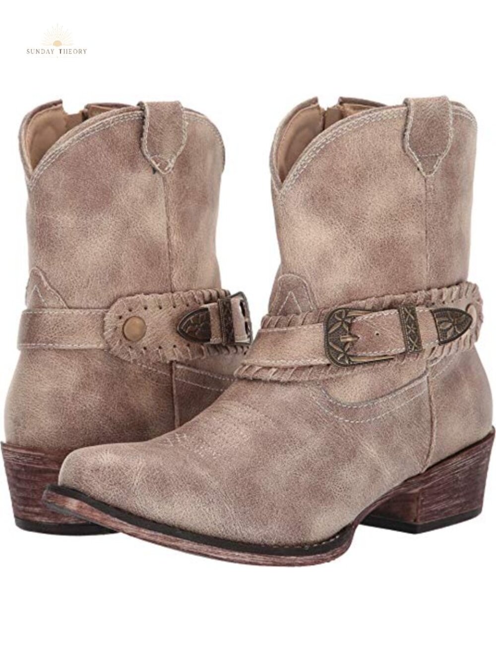 Vintage Faux Leather Ankle Bootie with Buckle - Women's Western Slip-On Shoes